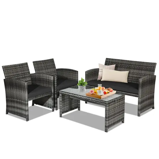 4 Pieces Patio Rattan Furniture Set with Glass Table and Loveseat Turquoise {8}