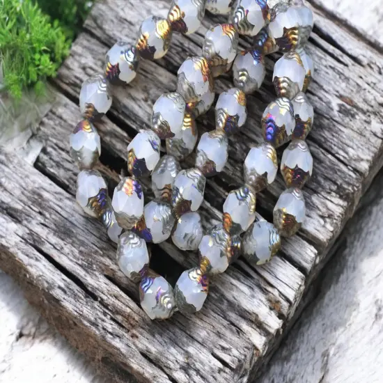 *15* 6x8mm Milky Crystal Opaline Metallic Volcano Oval Cathedral Beads {4}