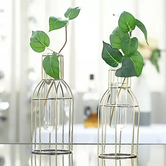 2 Gold Metal Geometric Bottles Clear Glass Tubes Flower Vase Holders {5}