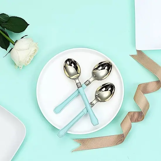 24 Metallic Gold Blue Plastic 7" Spoons Handle Disposable Party Home Supplies {4}