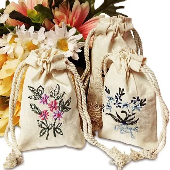 Standard Botanical Embroidered Cotton Muslin Pouch 4" x 6" {2}