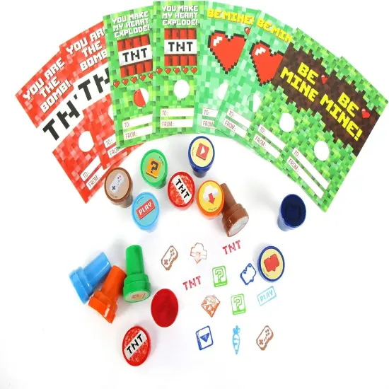 Tiny Mills 36 PACK Pixel Miner Cards with Pixel Miner Stampers for Valentine's Day Classroom Exchange Party Favor Prizes {4}
