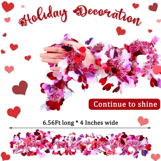 6 Pcs Valentine's Day Tinsel Garland Total 39Ft Red Heart Metallic Garland Decor Red and White Tinsel Garland Twist Garland Valentines Heart Tinsel Garland for Mantle Wedding Party Decoration Supply {2}