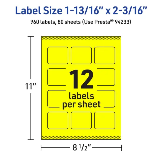 Avery Neon Yellow Paper Labels, 1-13/16" x 2-3/16" Rectangle {5}