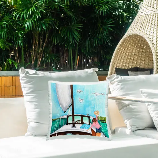 Woman on Summer Boat Design by Ale Saiz Studio Outdoor Printed Pillow  {2}