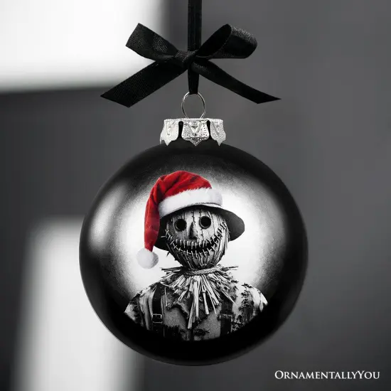 Scarecrow Christmas Spooky Portrait Glass Ornament, Black Horror Halloween Tree Decoration {4}