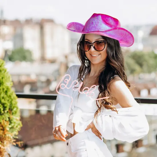 Pink Cowboy Hat - Sparkly Metallic Cowgirl Hat for Costume, Dress Up Birthday, Bachelorette Party Accessories (Adult Size, Hot Pink) {2}
