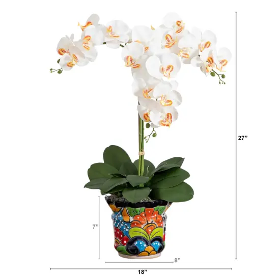 Nearly Natural Triple Orchid Artificial Floral Arrangement with Mexican Talavera Planter - 27" White {4}