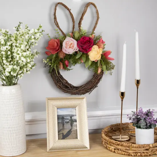 Northlight Wooden Floral Easter Bunny Ears Twig Wreath - 15" Pink {4}