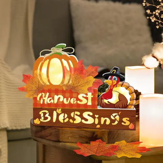 Wooden Thanksgiving Tabletop Decor Lighted Block Sign Fall Decorations {4}