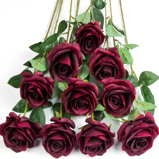 10pcs Silk Roses Artificial Flowers Fake Burgundy Rose Bouquet for Arrangement Wedding Party Home Decoration {1}
