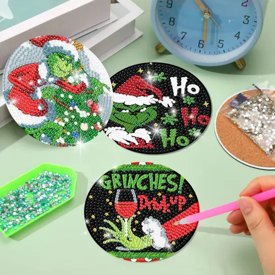 8 Pcs Christmas Diamond Painting Coasters Kits with Holder {2}
