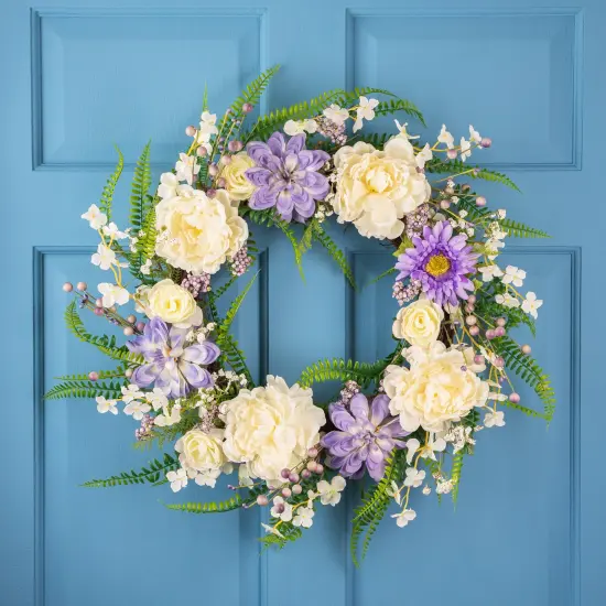 Northlight Daisy and Peony with FoliageArtificial Floral Twig Wreath - Purple - 22" {1}