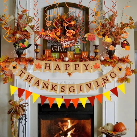 Happy Thanksgiving Burlap Banner (Red, Orange, Yellow, Brown) {3}