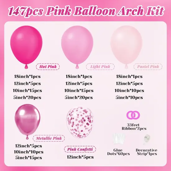 147 Pcs Pink Balloon Garland Arch Kit (Hot Pink) {2}