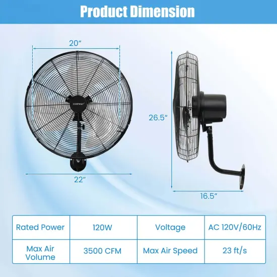 Costway 1/2 PCS 20" Wall Mount Fan with 3-Speed Options 85&deg; Oscillation 30&deg; Tilt 6 FT Cord {3}