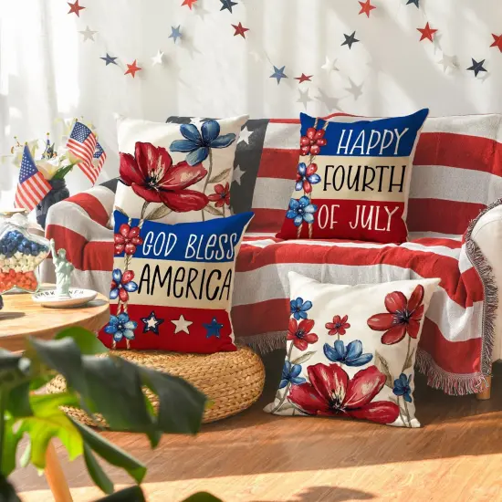 God Bless America Poppy Floral Stars Stripes Throw Pillow Covers 18 x 18 {2}