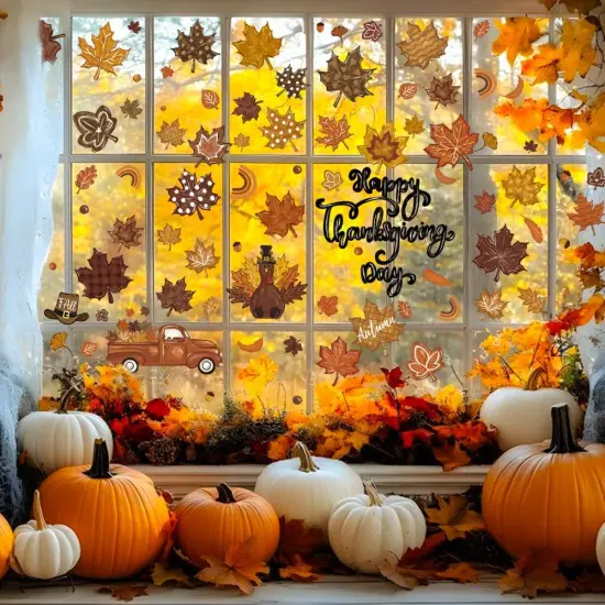 8 Sheets Thanksgiving Fall Leaves Window Clings Decals {3}