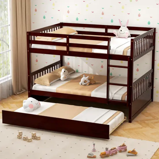 Wooden Full over Full Bunk Platform Wood Bed with Ladder and Trundle Perfect for Dorms Room Brown {1}