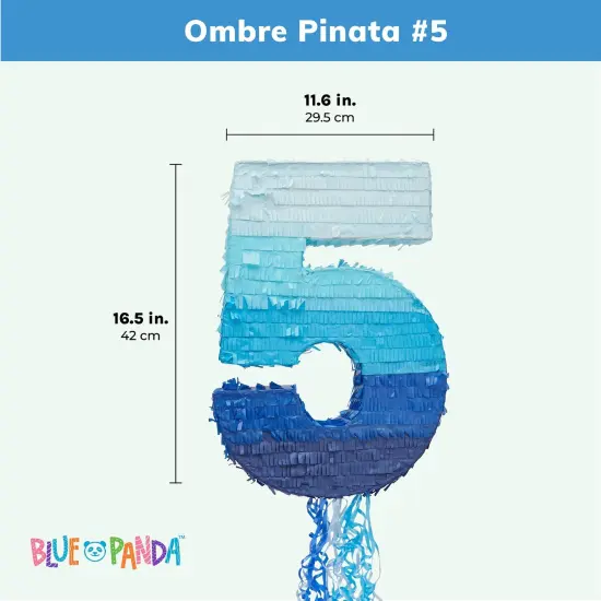 BLUE PANDA Ombre Blue Number 5 Pull String Pinata, Party Game for Kids Ages 3-14, Fillable Hanging Decoration for Birthday Decorations, Holds Candy, Toys & Confetti (16.5 x 11.6 In) {4}