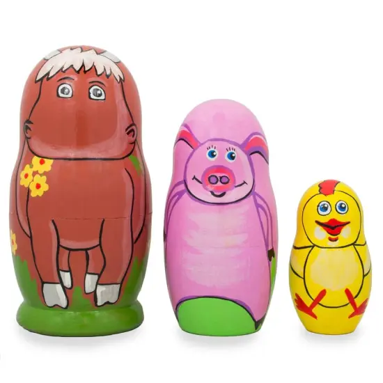 Set of 3 Cow, Pig and Chicken Wooden Nesting Dolls 4.25 Inches {1}