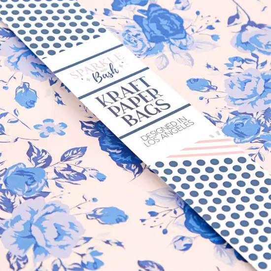 Sparkle and Bash 24-Pack Floral Gift Bags with Handles for Birthdays, Weddings, Bridal or Baby Showers - Rose Flower Print, Blue (8 x4x10 In) {5}