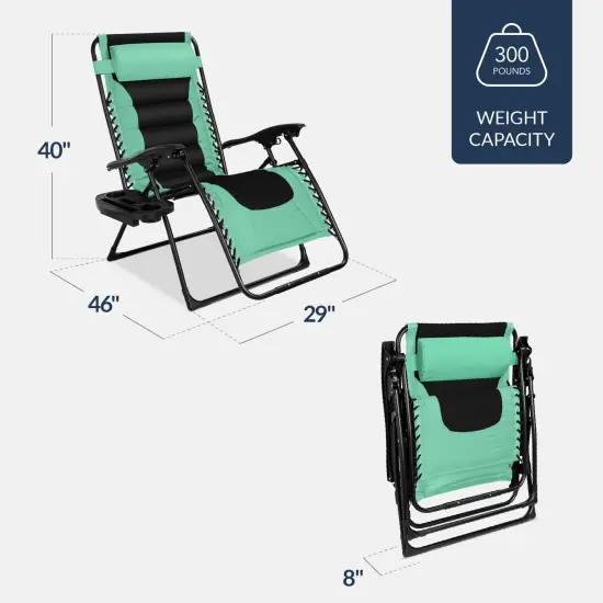 Best Choice Products Oversized Padded Zero Gravity Chair, Folding Outdoor Patio Recliner w/ Side Tray Seafoam Green/Black {2}