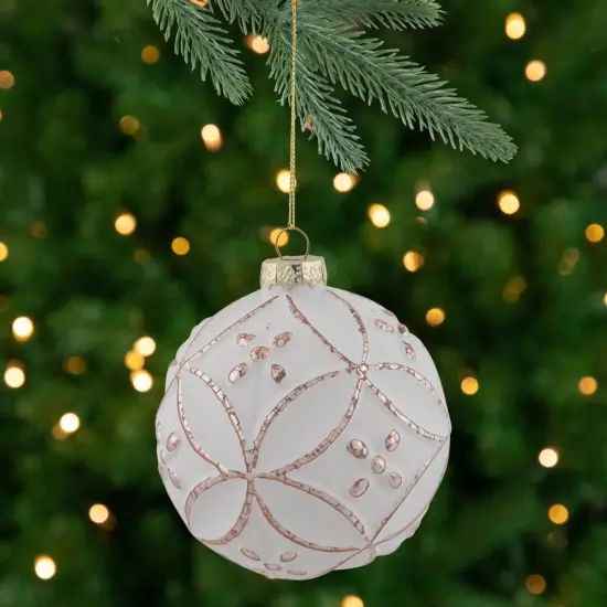 Northlight Embossed Floral Matte Glass Christmas Ball Ornament - 3.75" (95mm) - White and Rose Gold {1}