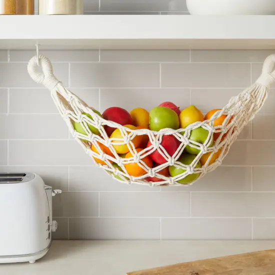 Macrame Fruit Hammock for Kitchen Under Cabinet with 2 Hooks, Hanging Net Basket for Bananas and Produce Storage (6 x 25 x 15 In) White {2}