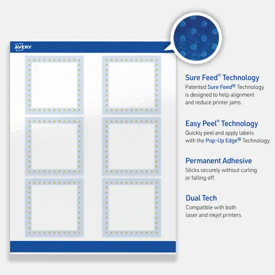 Avery Printable Square Labels, Gold Dots with Blue Border, 3" x 3", Glossy White Square Labels, Permanent, Laser/Inkjet, 60ct, Great for Product Labels {3}
