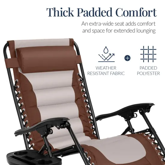 Best Choice Products Oversized Padded Zero Gravity Chair, Folding Outdoor Patio Recliner w/ Side Tray Brown/Oyster {4}