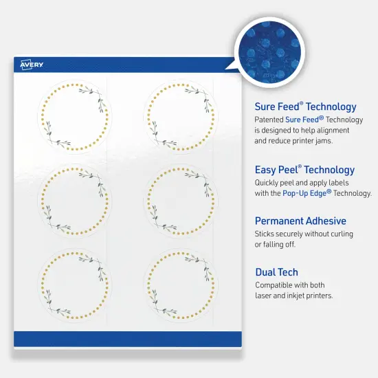 Avery Printable Round Labels, Gold Dots with Green Florals, 3" Diameter, Glossy White Round Labels, Permanent, Laser/Inkjet, 60ct, Great for Product Labels {3}