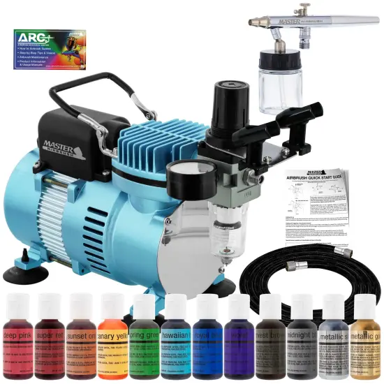 Cake Decorating Airbrushing System Kit with a Siphon Feed Airbrush, 12 Chefmaster Food Colors, Dual Fan Air Compressor - Hose, Holder, How To Guide {1}