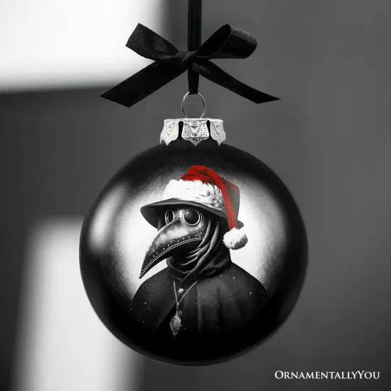 Plague Doctor Christmas Spooky Portrait Glass Ornament, Black Horror Halloween Tree Decoration {4}