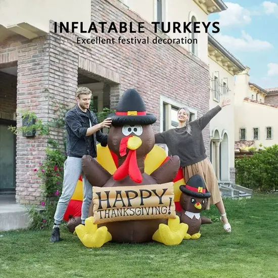2pcs 6ft Thanksgiving Inflatable LED Lighted Turkey Family Blow up Lawn Yard Dec {3}