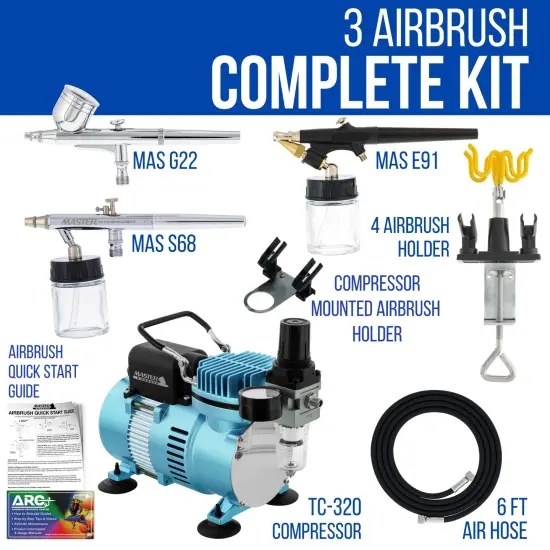 3 Master Airbrush Professional Multi-Purpose Airbrushing System Kit - Hose, Air Compressor, Universal Airbrush Holder - How-To-Airbrush Guide Booklet {2}