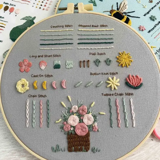3 Embroidery kit for Beginners, Beginner Embroidery Kit for Adults. Starter Kits to Learn 28 Different Stitches, Including Fabric with Prints, Threads, Needles, Hoop and Video tutorials&hellip; {3}