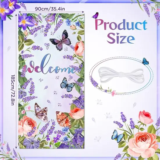 Purple Welcome Butterfly Door Cover Welcome Summer Door Decorations Banner Butterfly Flower Porch Banner Sign Photo Background for Summer Spring Seasonal Welcome Holiday Party Indoor Outdoor Decor {2}