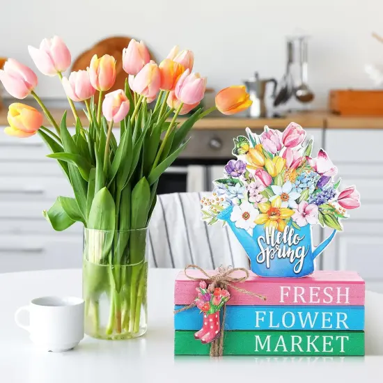 Spring Table Decorations Hello Spring Wooden Signs Flower Book Stack Decor Farmhouse Tabletop Centerpieces Easter Decor for Home Table Kitchen Shelf Tiered Tray {3}