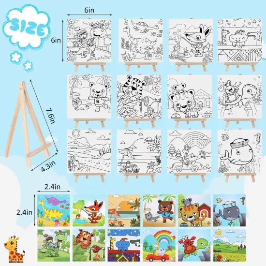 12 Sets Pre Drawn Canvas to Paint Kid Adult Stretched Coloring Painting Canvas Panels with Design Easel and Brushes {2}