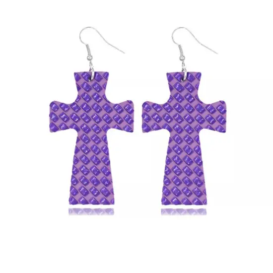 Glitter Marble Cross PU Leather Boho Dangle Earrings Purple {1}
