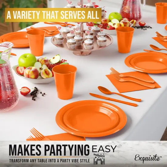 Exquisite 350 Pcs Plastic Plates for Party &ndash; Disposable Plates Set &ndash; 50 Each of 9" Dinner Plates, 7" Dessert Plates, Plastic Cups, Napkins & Plastic Cutlery &ndash; Plastic Dinnerware by Party Solids Orange {4}