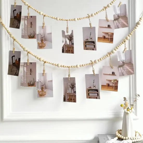 2PCS Hanging Photo Display Wall Decor, Boho Wooden Bead Garland Photo {1}