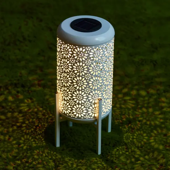 Set of 2 14.25"H Metal Cutout Flower Pattern Solar Powered LED Outdoor Lantern with Stand 2pcs White {5}