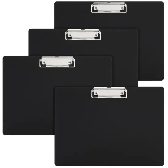 4 Pack Black Plastic Clipboards with Low Profile Clip, 12.4 x 8.9 Horizontal Lap Clip Boards, Landscape Layout, Letter Size for Drawing, Sketching, Art Supplies {1}