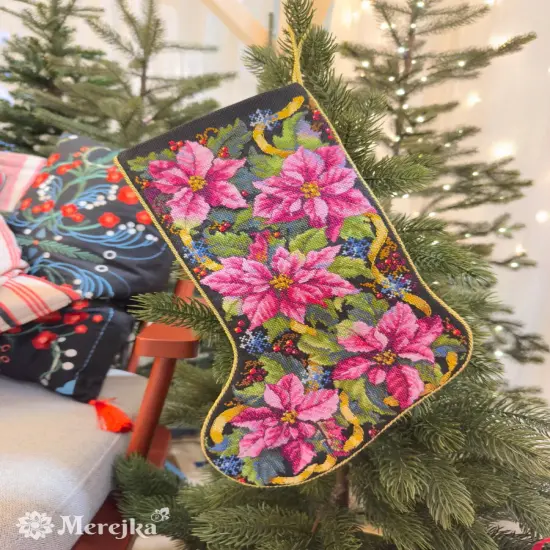 Pink Poinsettia Christmas Stocking K-262 Counted Cross-Stitch Kit {3}