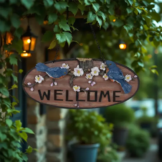 Northlight Welcome Bluebirds and Flowers Hanging Sign - 12" Brown {1}