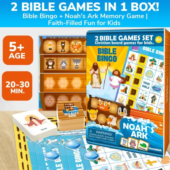 QUOKKA 3X Set Bible Games for Kids 4-6 - Board Bingo Game - Bible Trivia for Family - Noah Ark Toy - Cooperative Card Games for Toddlers Ages 4-8 - Christian Gifts for Kids for Sunday School {2}