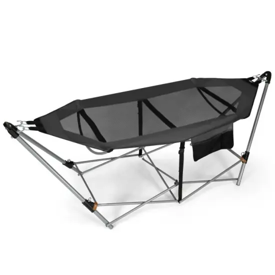 Outdoor Folding Hammock Bed with Breathable Fabric Metal Frame and Side Pocket Storage Black {10}