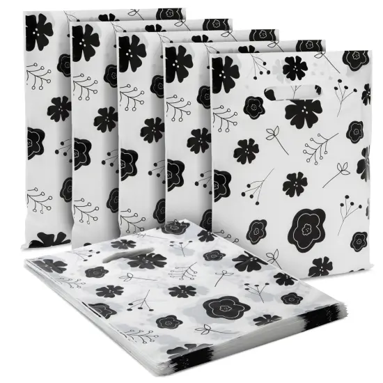 100 Pack 9x12 Small Merchandise Bags for Boutique, Black Flowers Shopping Bags with Handles for Retail {7}